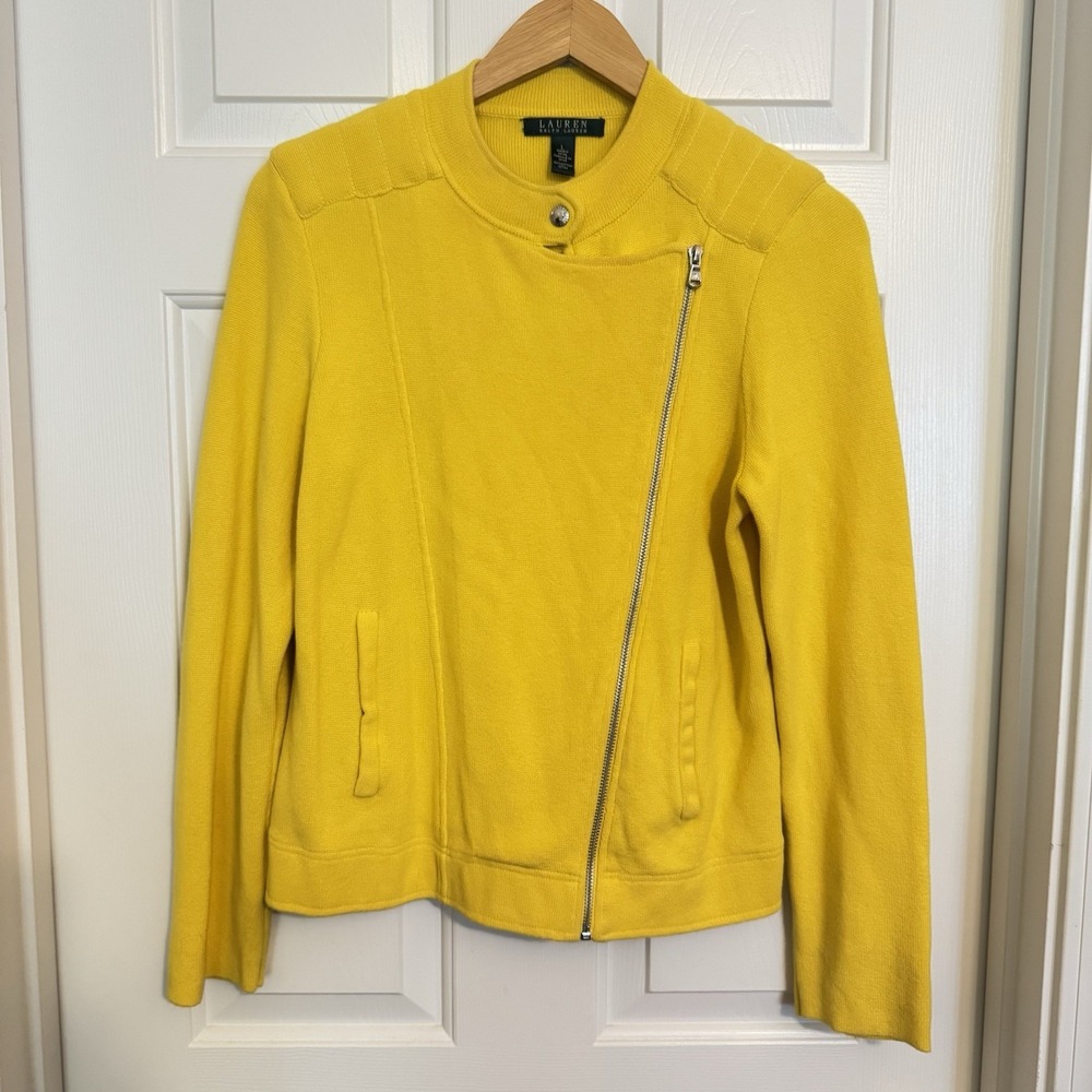 Lauren Ralph Lauren Knit Pockets Zip Asymmetrical Yellow‎ Moto Sweater Jacket LG